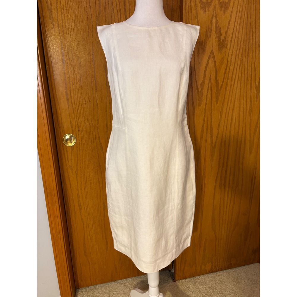 Louben White Linen Blend Sleeveless Lined Sheath Dress Size 8 Minimalist